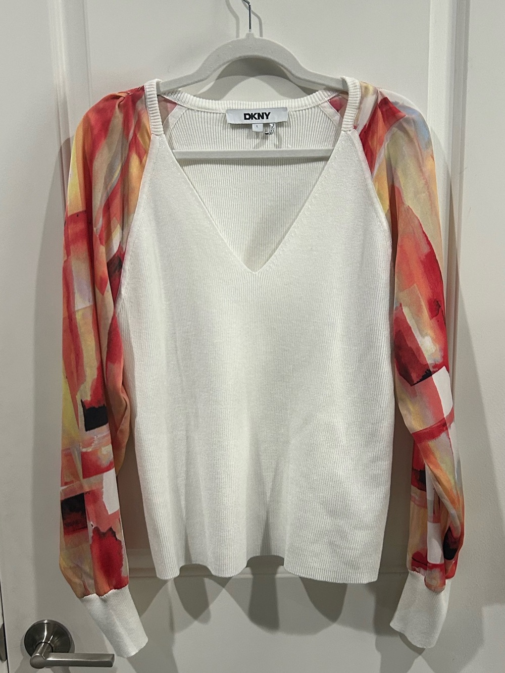DKNY White V-Neck Sweater with Red-Pink Orange Print Sheer Balloon Sleeves